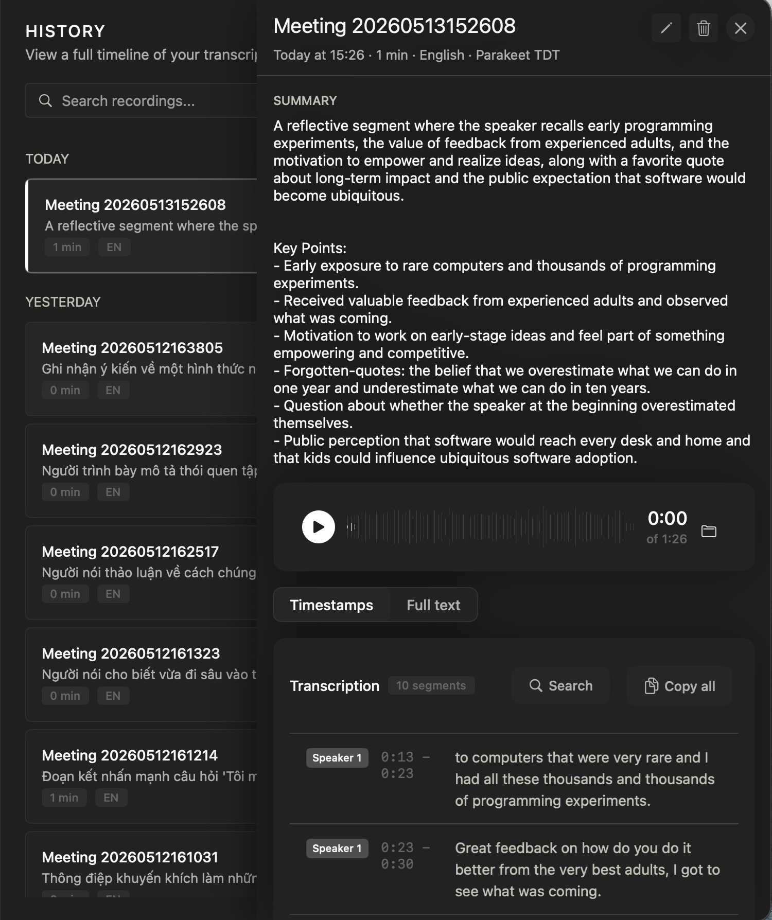 Meeting mode result — AI summary, key points, searchable transcript with speakers